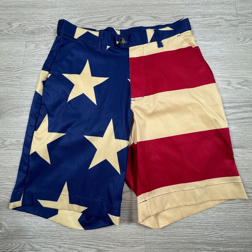 Loudmouth Mens Golf Shorts American Flag Stars and Stripes Blue Red Cream 38